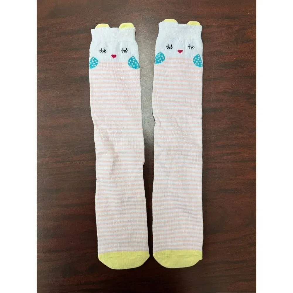 NWOT Girls Owl Knee High Socks with Pink and White Stripes